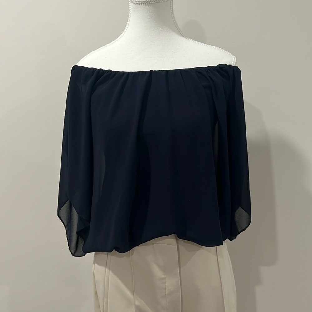 Navy chiffon off shoulder top. Batwing style arms. Size 10